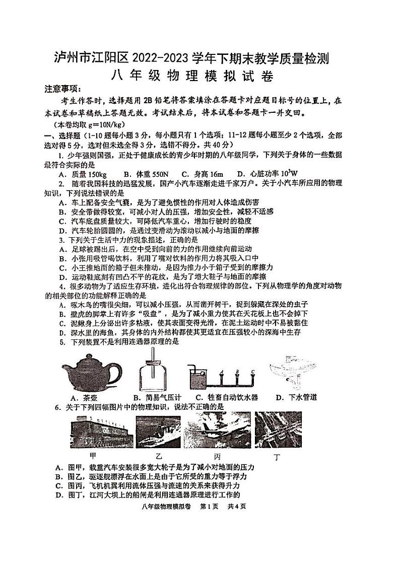四川省泸州市江阳区2022-2023学年八年级下学期期末物理模拟试题01