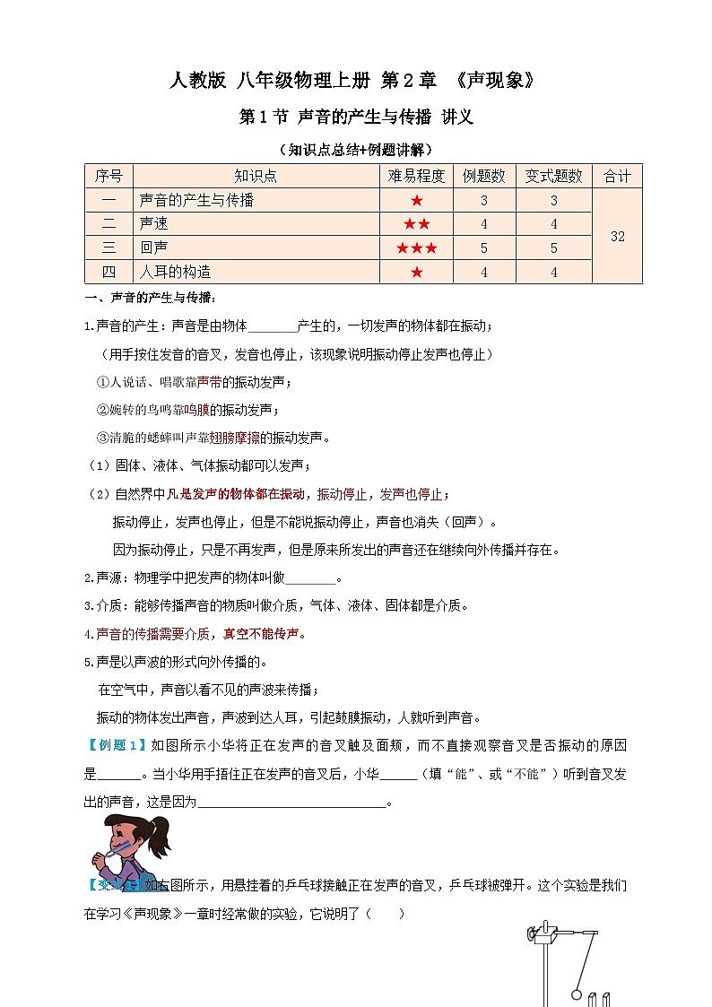 人教版八年級物理上冊 2.1聲音的產(chǎn)生與傳播（講義）學(xué)生版+解析第1頁