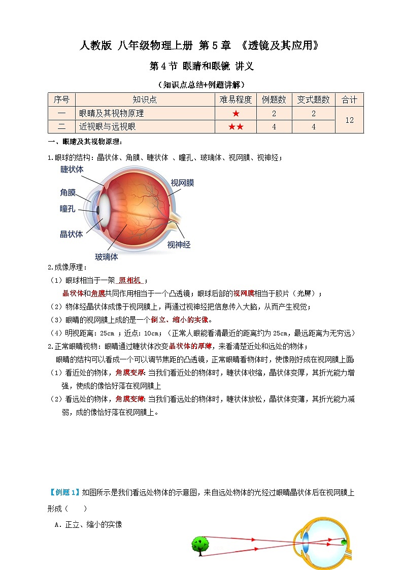 人教版八年級(jí)物理上冊(cè) 5.4眼睛和眼鏡(講義)學(xué)生版+解析第1頁