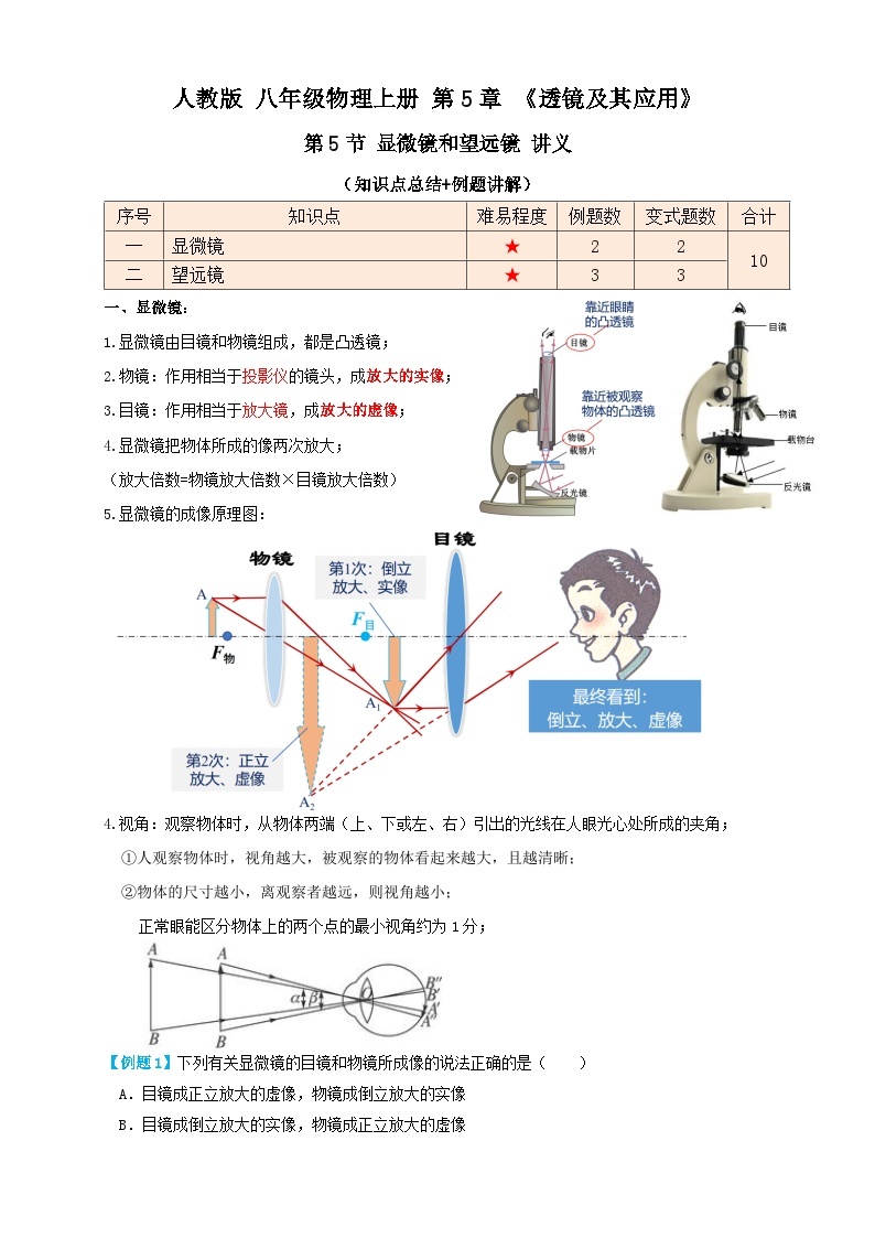 人教版八年级物理上册 5.5显微镜和望远镜（讲义）学生版+解析01