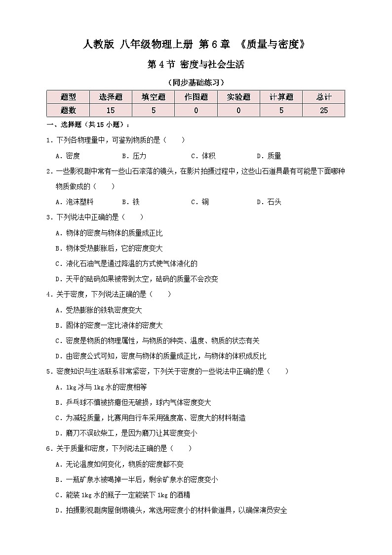 人教版八年級(jí)物理上冊(cè) 6.4密度與社會(huì)生活(同步練習(xí))原卷版+解析第1頁(yè)