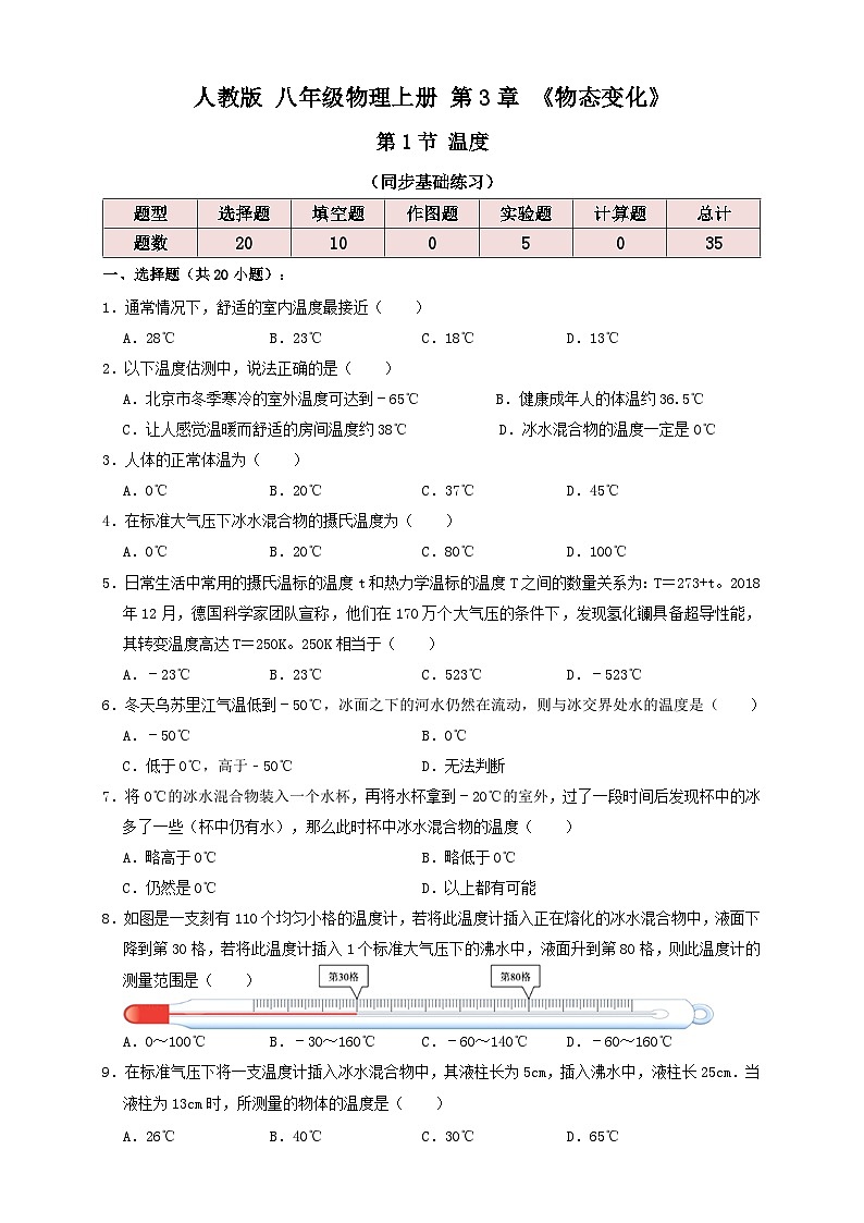 人教版八年级物理上册 3.1温度(同步练习)原卷版+解析01