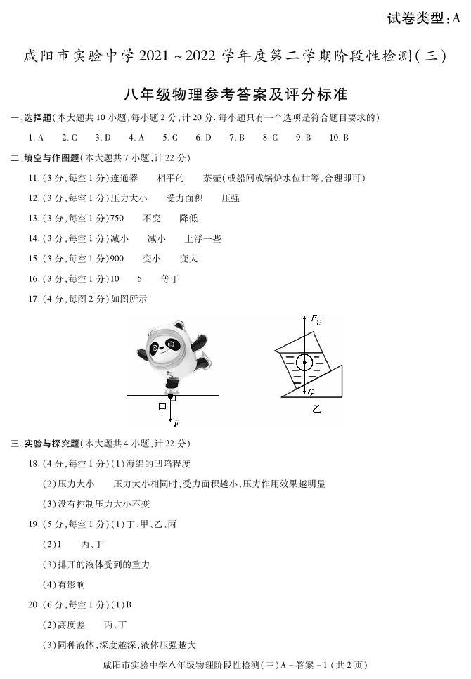 陕西省咸阳市实验中学2021-2022学年八年级下学期阶段检测（月考）（三）物理试题01