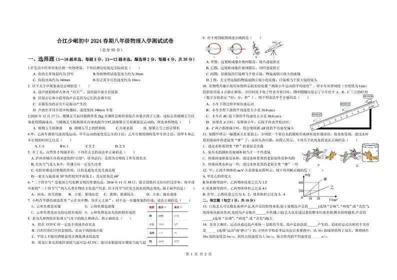 四川省泸州市合江县少岷初级中学2023-2024学年八年级下学期开学考试物理试题第1页