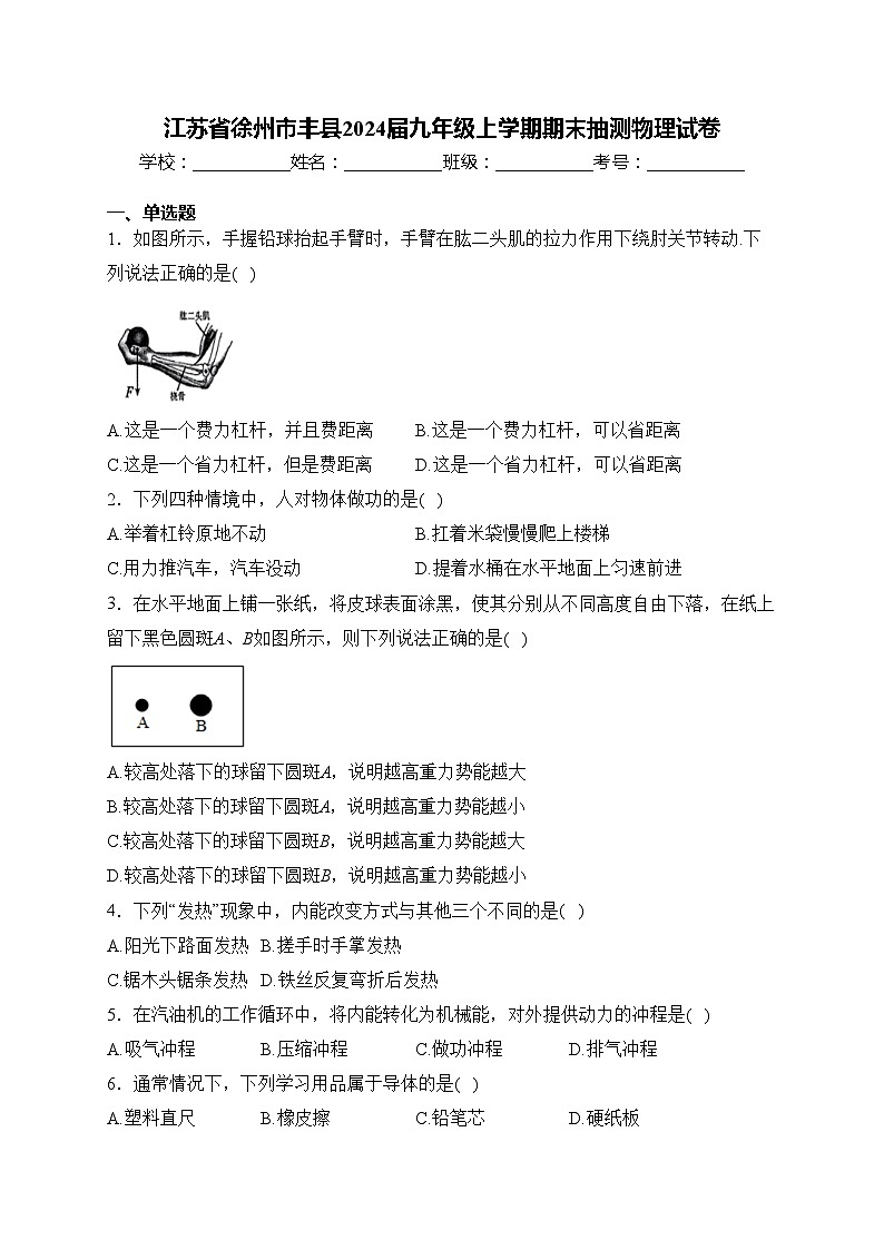 江蘇省徐州市豐縣2024屆九年級上學期期末抽測物理試卷(含答案)第1頁