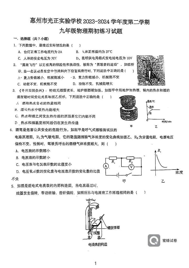 广东省惠州市光正实验中学2023-2024学年下学期九年级物理开学考试卷第1页