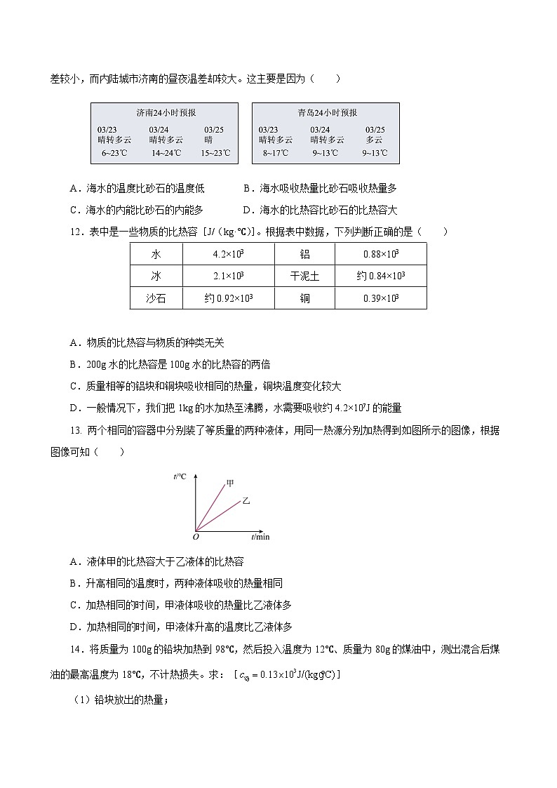 人教版物理九年級13.3 《比熱容》分層作業(yè)(原卷版）第3頁