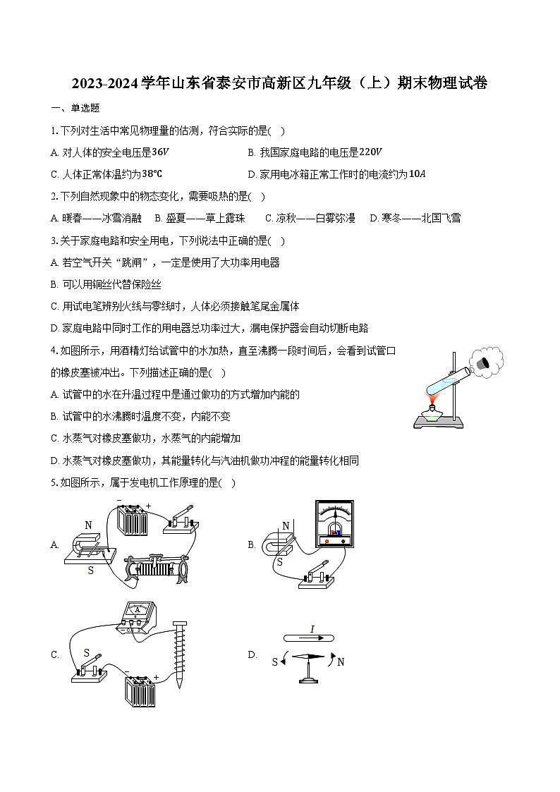 2023-2024学年山东省泰安市高新区九年级(上)期末物理试卷(含解析)01