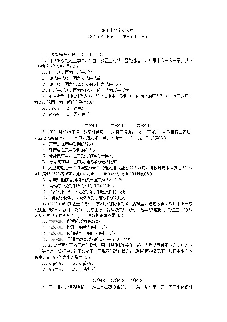 人教版物理八年级下册 第十章综合检测题第1页