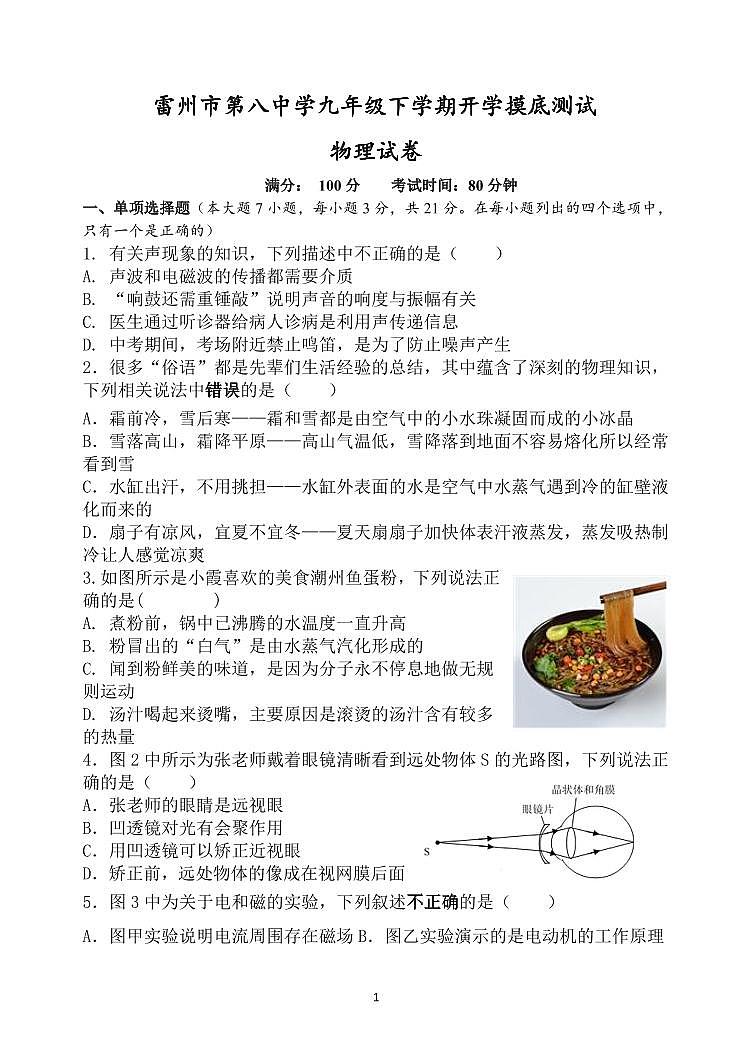 2023-2024学年广东省雷州市第八中学九年级第二学期开学考试物理试卷第1页
