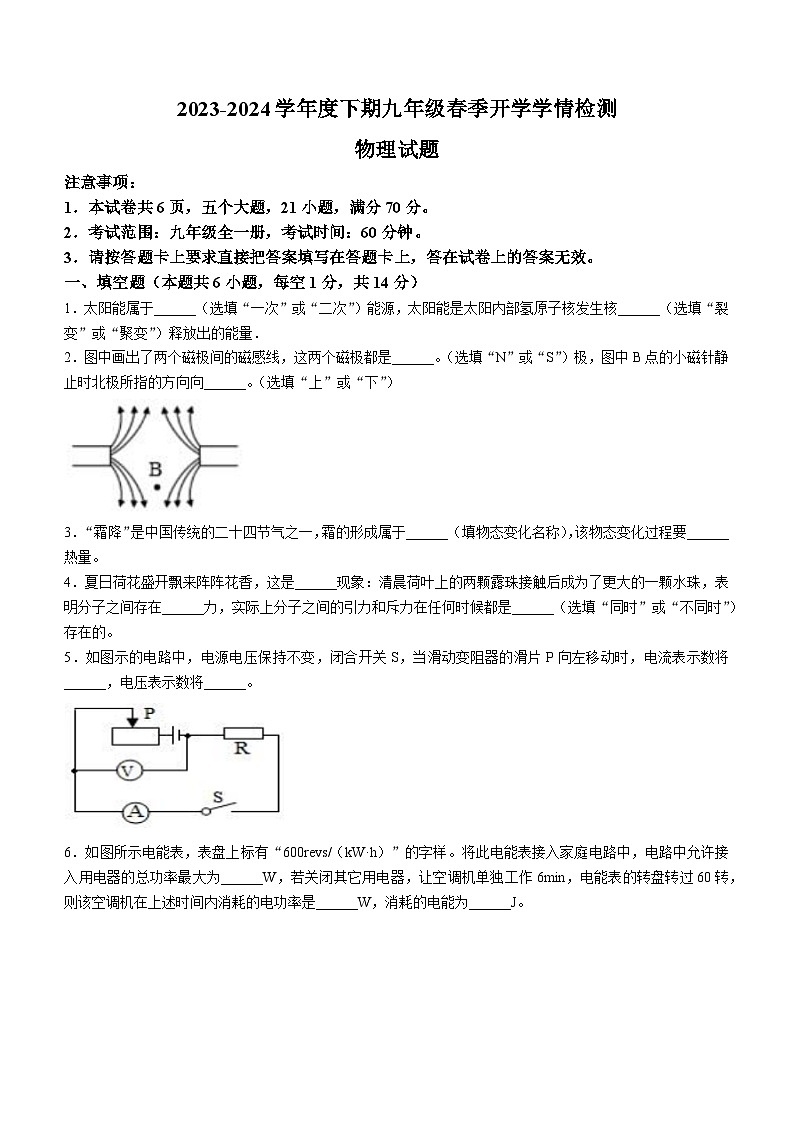 河南省信阳市淮滨县2023-2024学年九年级下学期开学学情调研测试物理试题01