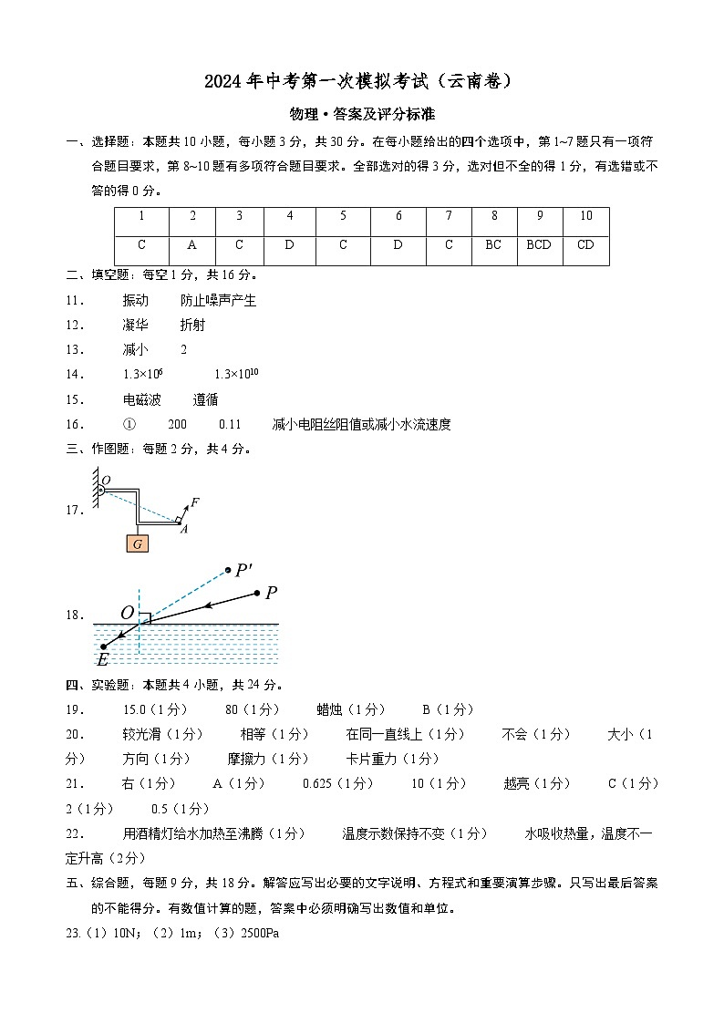 2024年初三中考第一次模拟考试试题:物理(云南卷)(答案及评分标准)01