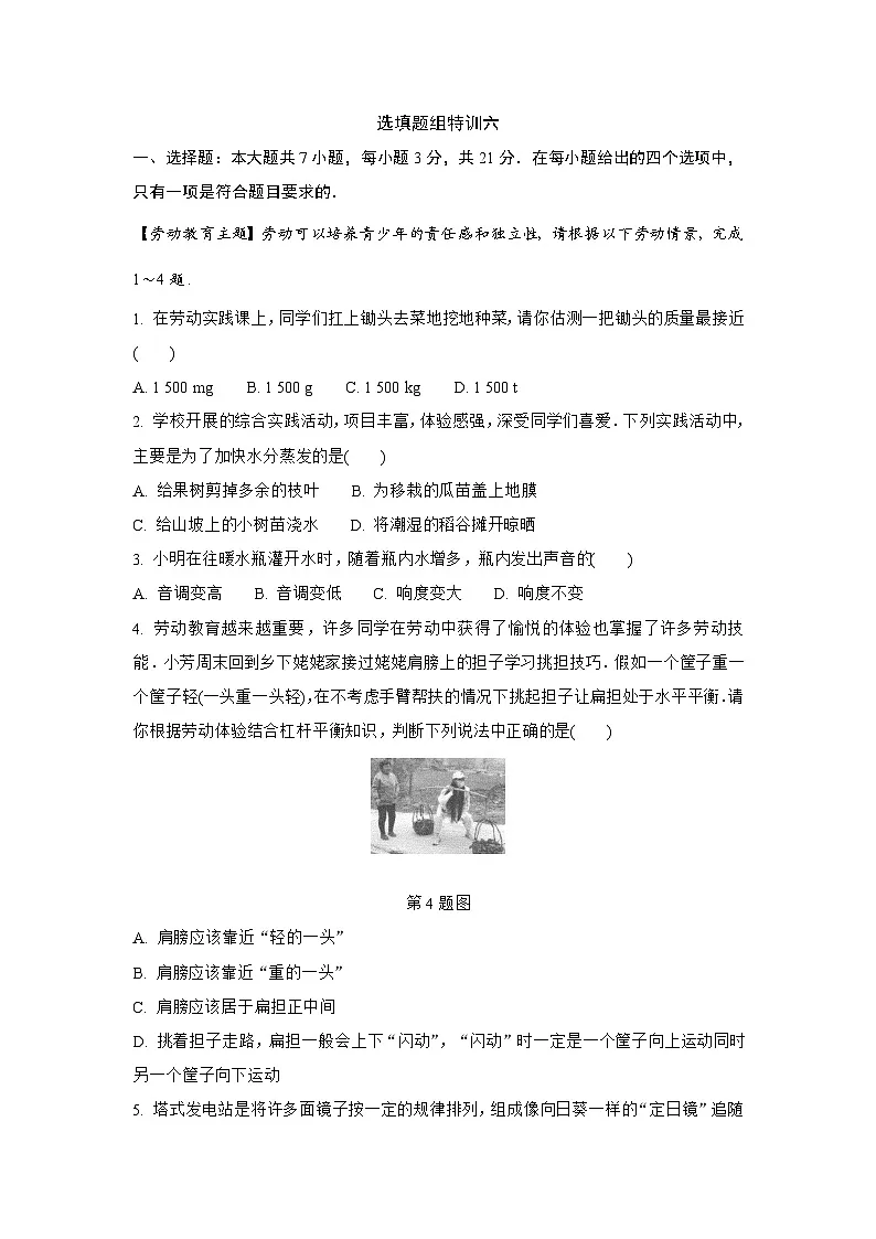 2024年中考+物理专题提升+选填题组特训六(含答案)第1页