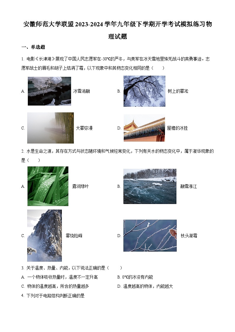 精品解析:安徽師范大學(xué)聯(lián)盟2023-2024學(xué)年九年級(jí)下學(xué)期開學(xué)考試模擬練習(xí)物理試題(原卷版)第1頁