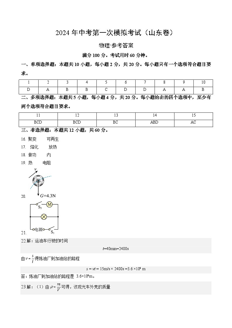 物理(山东卷)(参考答案及评分标准)第1页