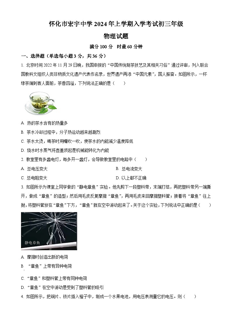 精品解析：湖南省懷化市宏宇中學(xué)2023-2024學(xué)年九年級下學(xué)期入學(xué)考試物理試題（原卷版）第1頁
