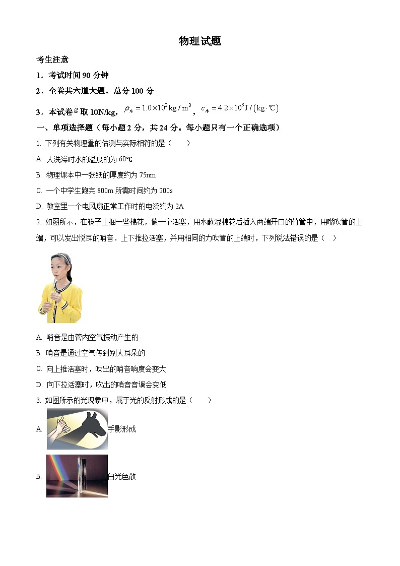 黑龙江省虎林市实验中校2023-2024学年九年级下学期开学模拟考试物理试题(原卷版+解析版)01