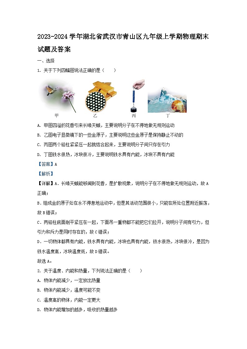 2023-2024学年湖北省武汉市青山区九年级上学期物理期末试题及答案01
