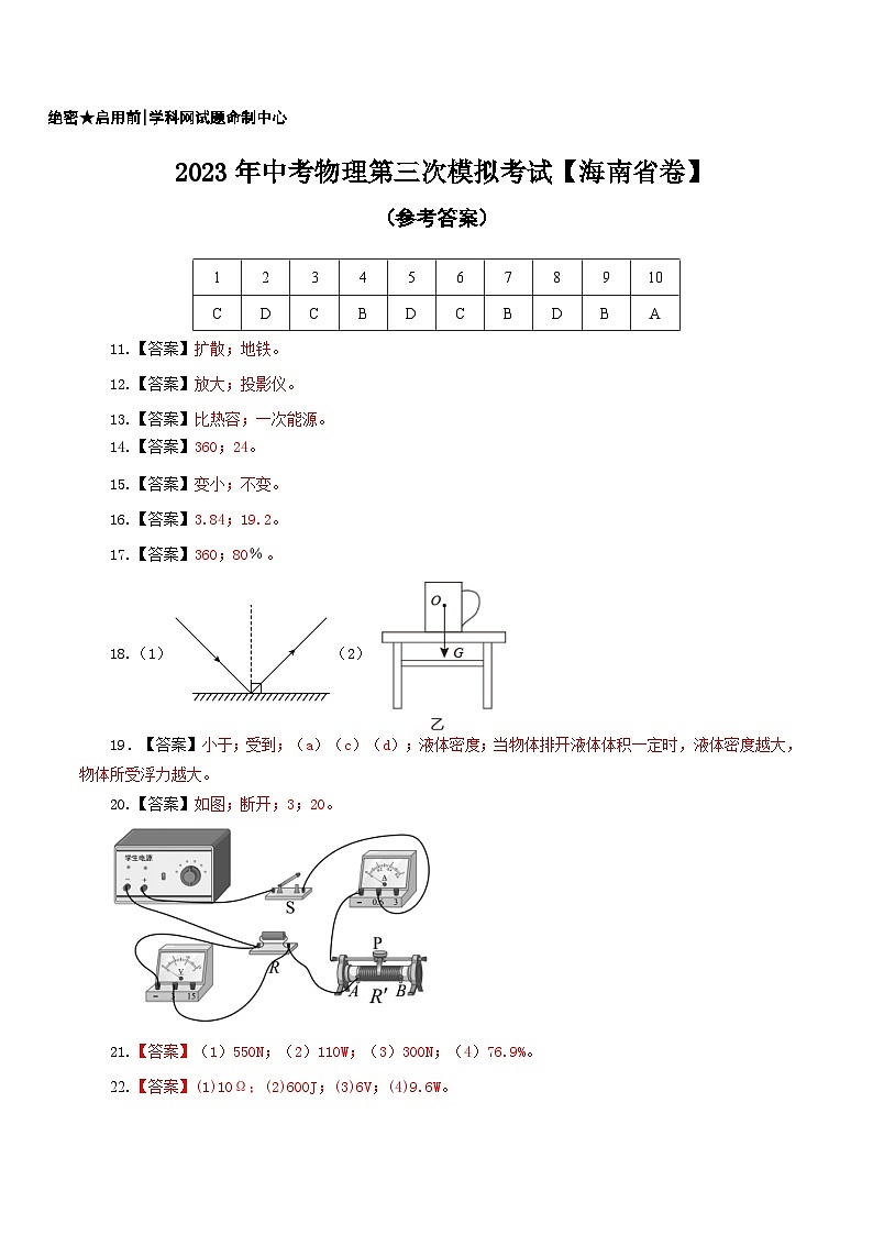 （海南省卷）2023年中考物理第三次模擬考試（參考答案）第1頁