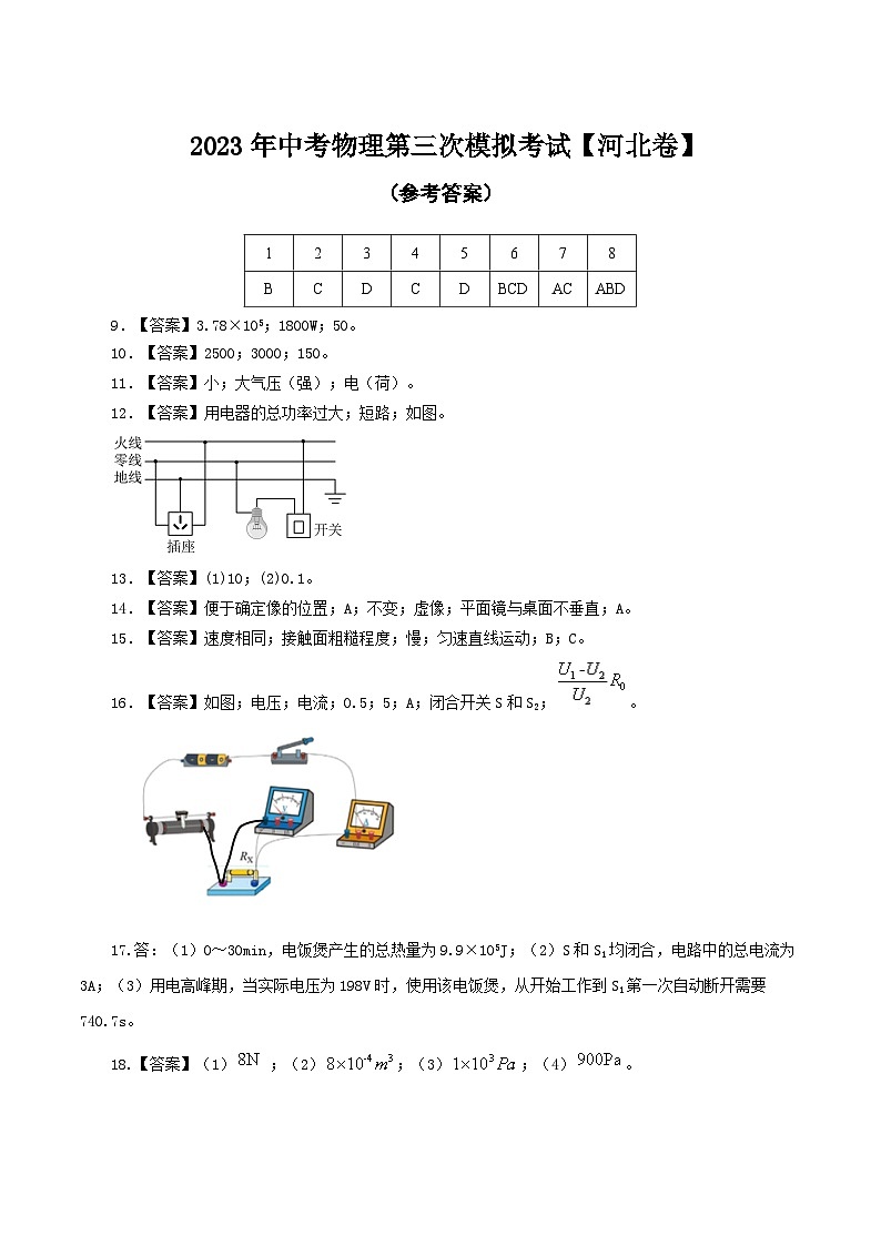（河北卷）2023年中考物理第三次模擬考試（參考答案）第1頁(yè)