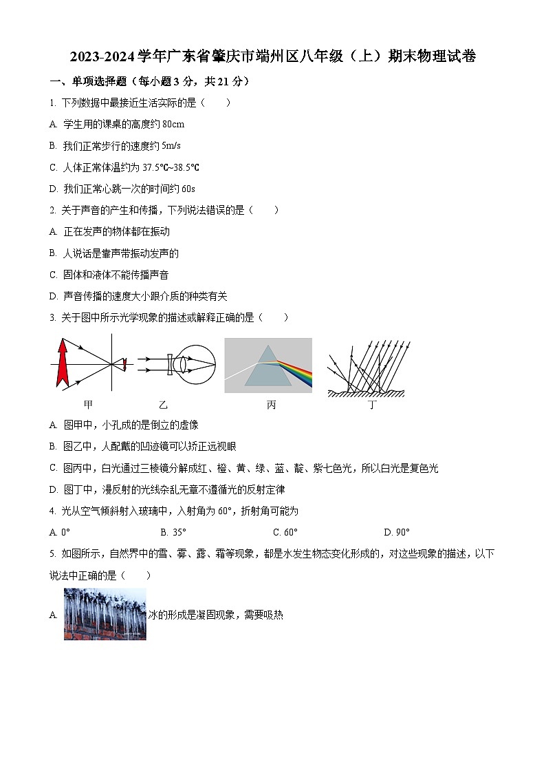 精品解析：廣東省肇慶市端州區(qū)2023-2024學(xué)年八年級上學(xué)期期末物理試卷（原卷版）第1頁