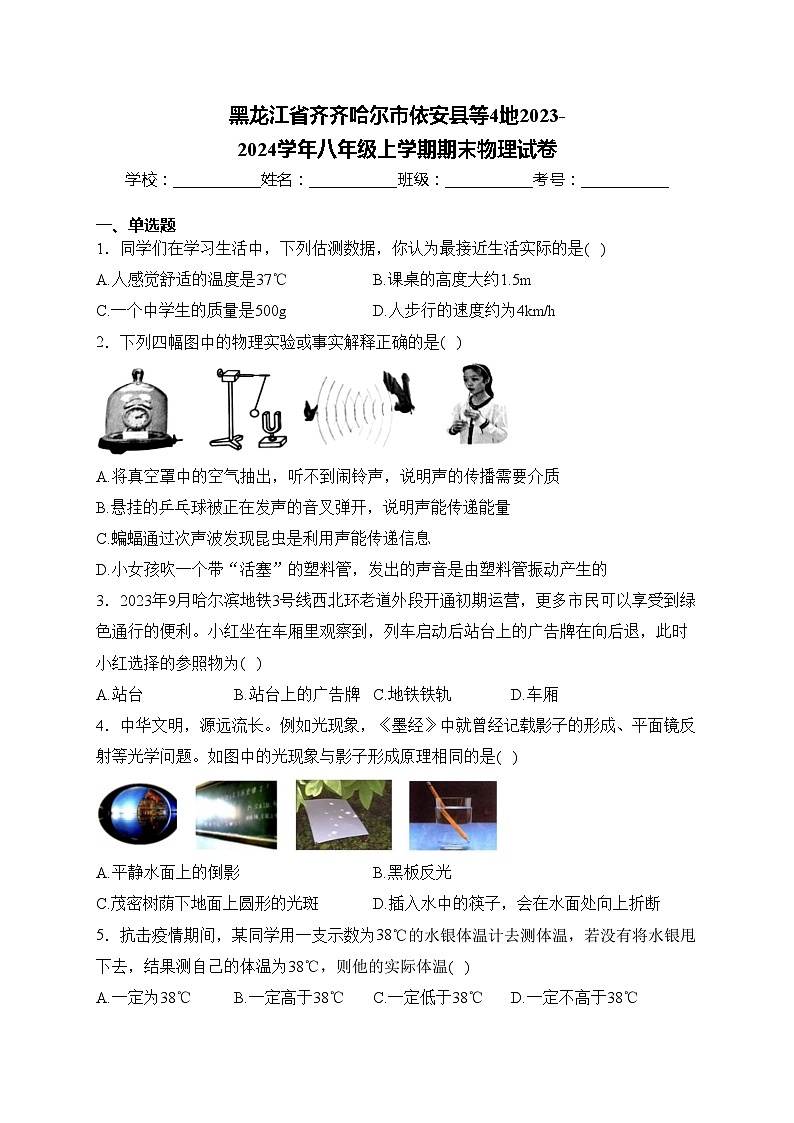 黑龙江省齐齐哈尔市依安县等4地2023-2024学年八年级上学期期末物理试卷(含答案)01