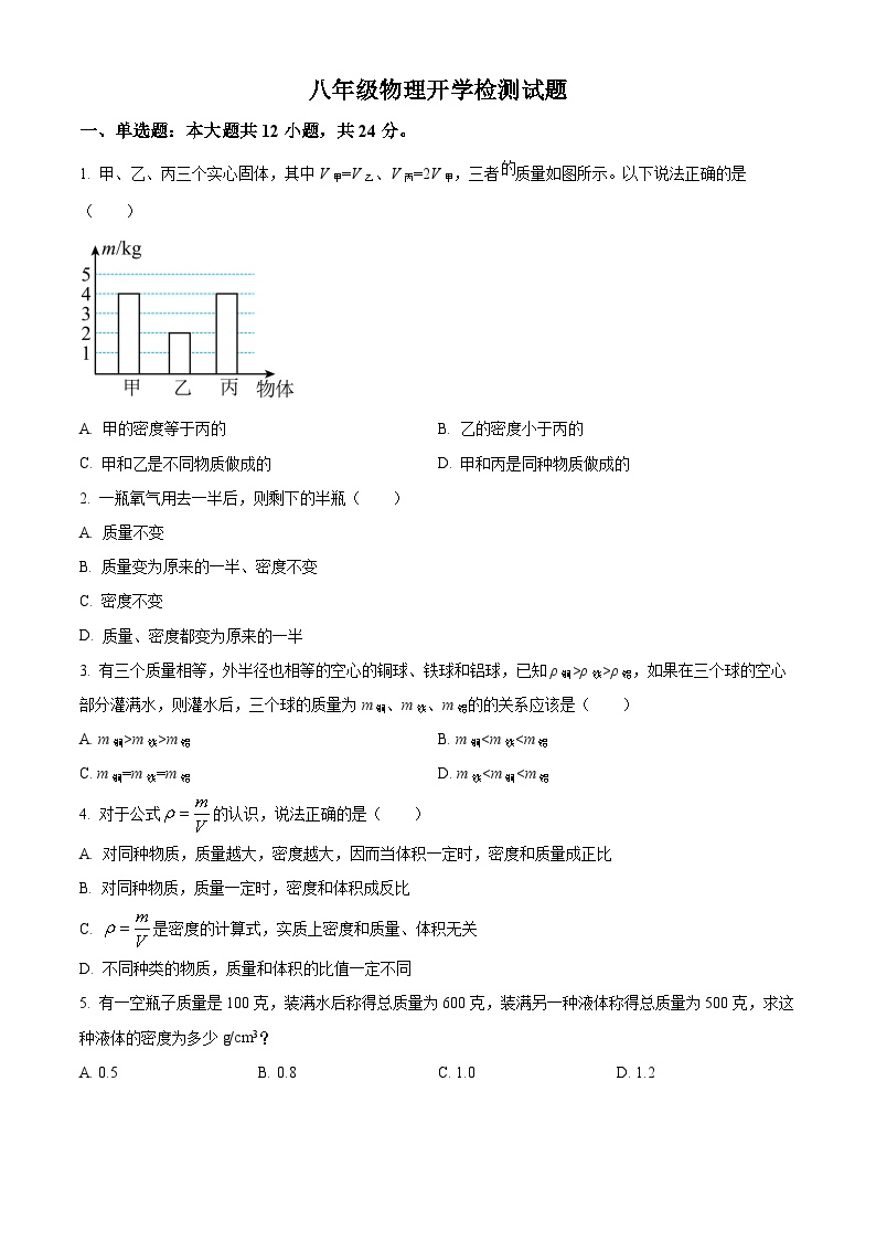 山东省齐河县马集乡中学2023-2024学年八年级下学期开学摸底考试物理试题（原卷版+解析版）