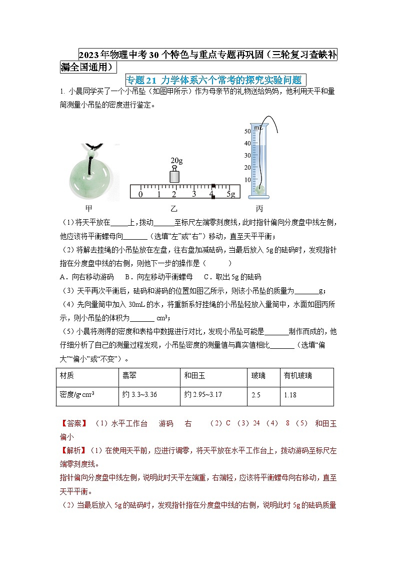 专题21 力学体系六个常考的探究实验问题(解析版) 第1页