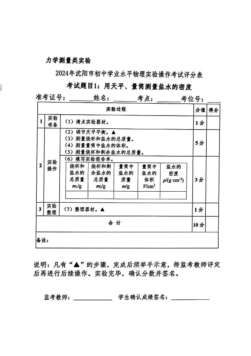 2024年遼寧省沈陽市九年級中考物理實驗操作試題第1頁