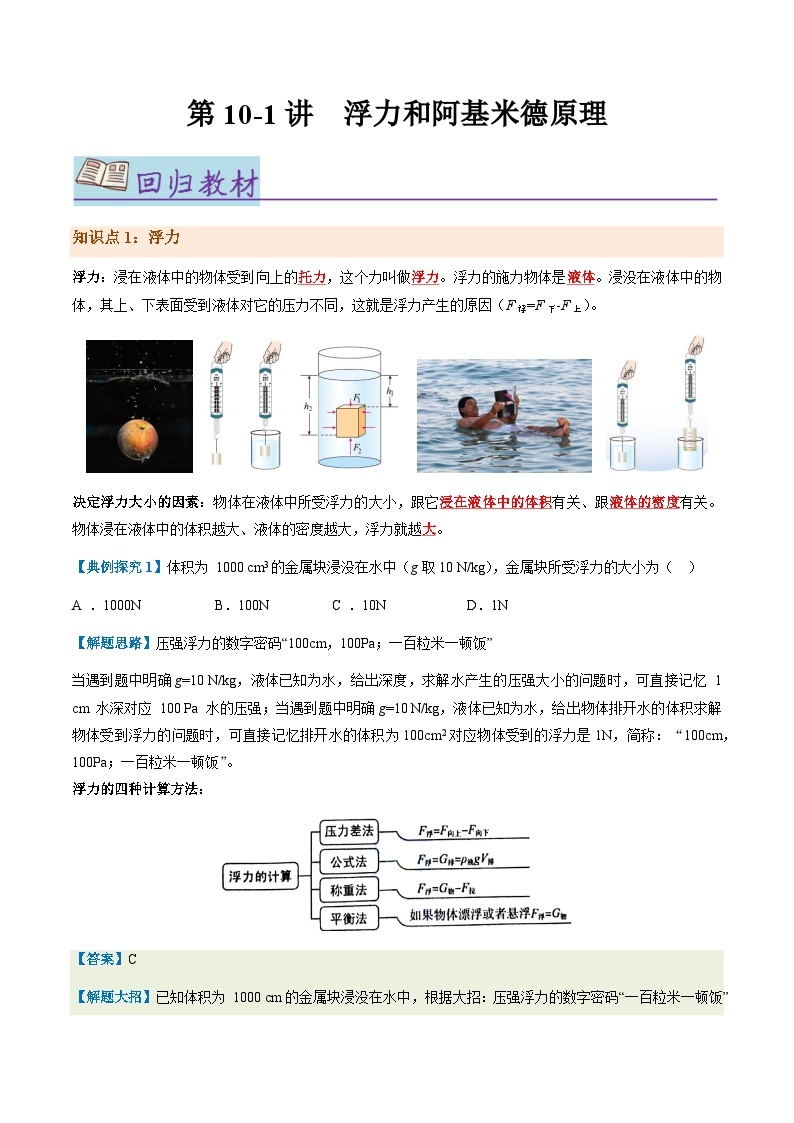 第10.1讲  浮力和阿基米德原理--2024年中考物理一轮复习讲义01