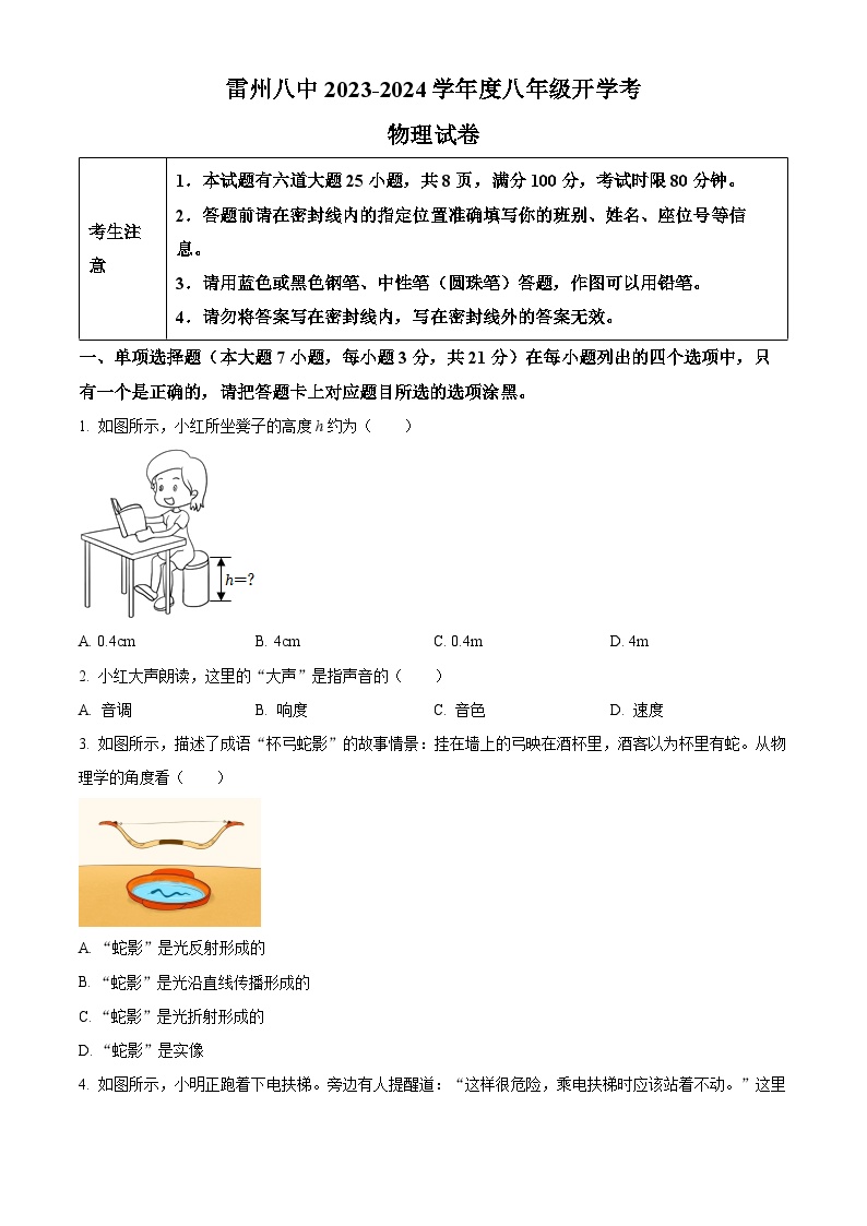 广东省湛江市雷州市第八中学2023-2024学年八年级下学期开学考试物理试题（原卷版+解析版）