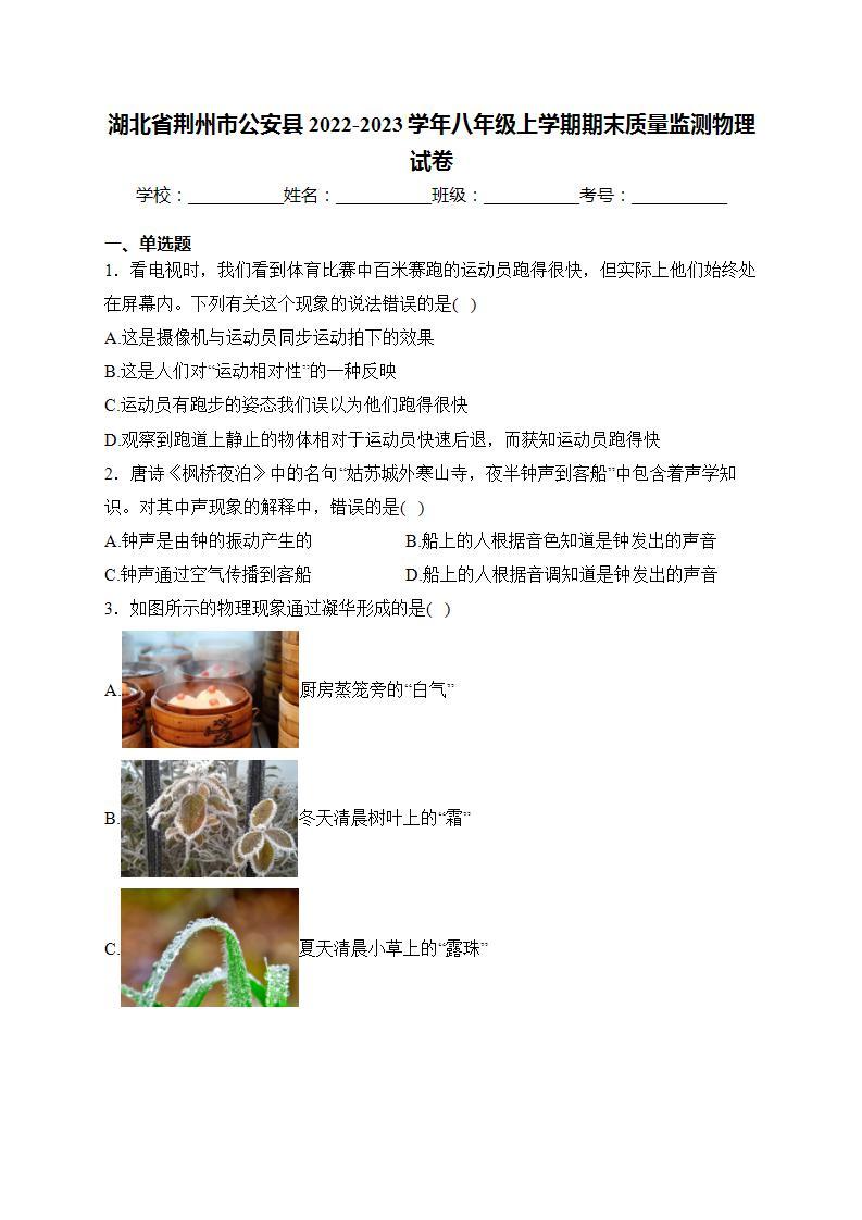 湖北省荆州市公安县2022-2023学年八年级上学期期末质量监测物理试卷(含答案)01