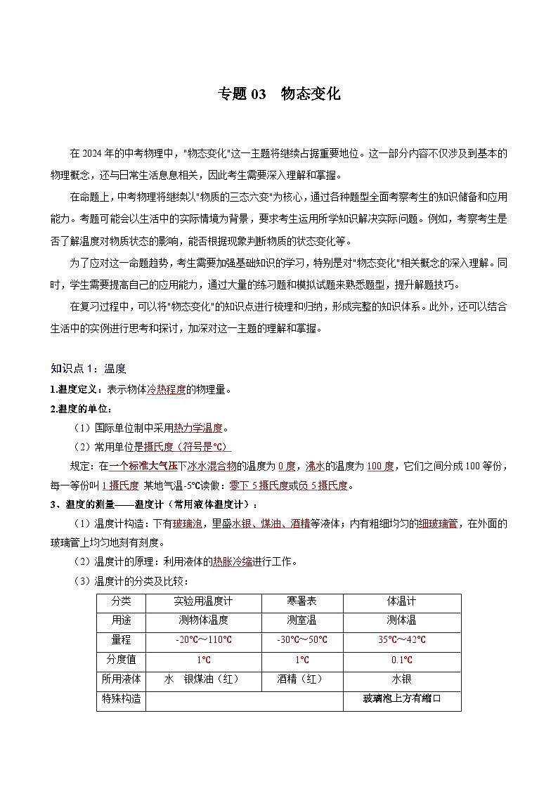 【中考二轮】2024年中考物理重点专题训练 专题03 物态变化-专题训练解析版第1页