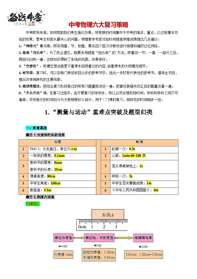 2023年中考物理一轮复习讲义--1.“测量与运动”重难点突破及题型归类第1页