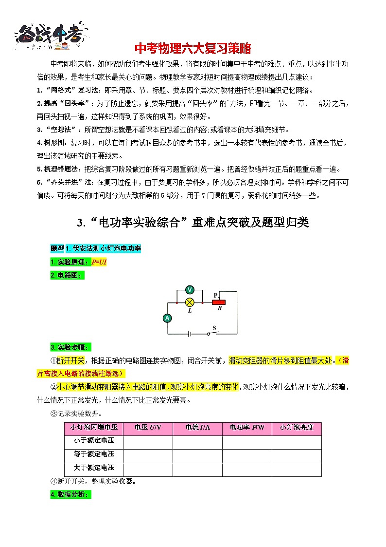 2023年中考物理一輪復習講義--36.“電功率實驗綜合”重難點突破及題型歸類第1頁