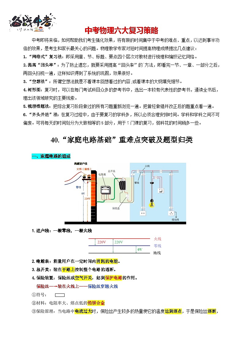 2023年中考物理一轮复习讲义--43.“家庭电路基础”重难点突破及题型归类第1页