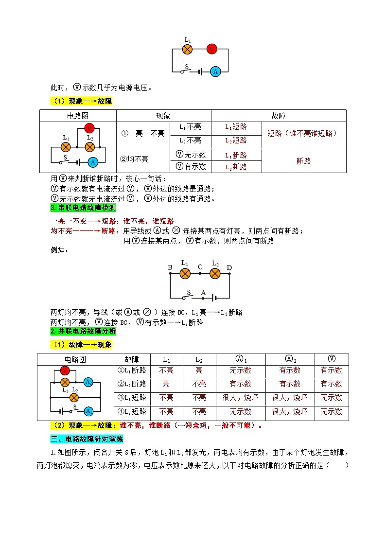 2023年中考物理一轮复习讲义--根据“现象→故障”、“故障现象”突破电路故障分析第2页