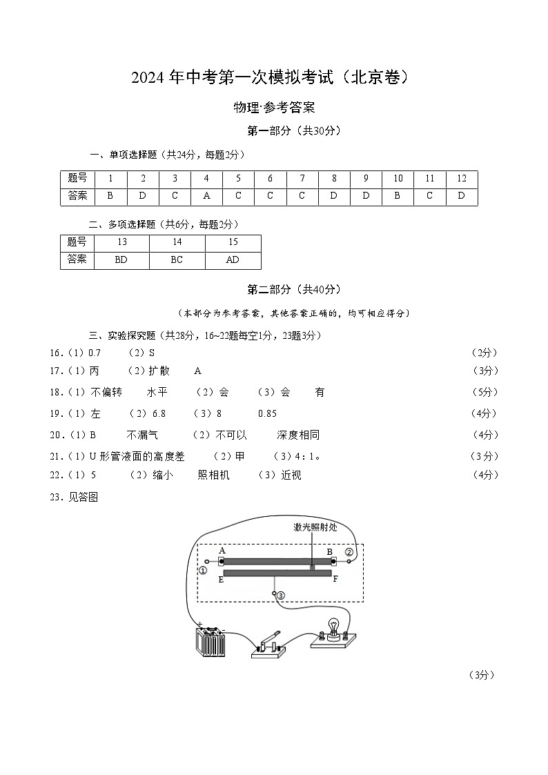 2024年中考第一次模拟考试题:物理(北京卷)(参考答案及评分标准)01