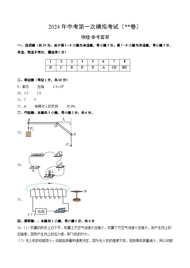 2024年中考第一次模拟考试题:物理(贵州卷)(参考答案及评分标准)第1页