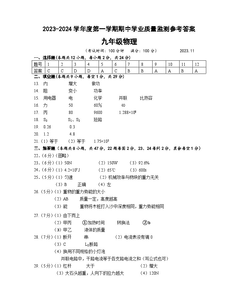 九年级第一学期期中测试答案第1页