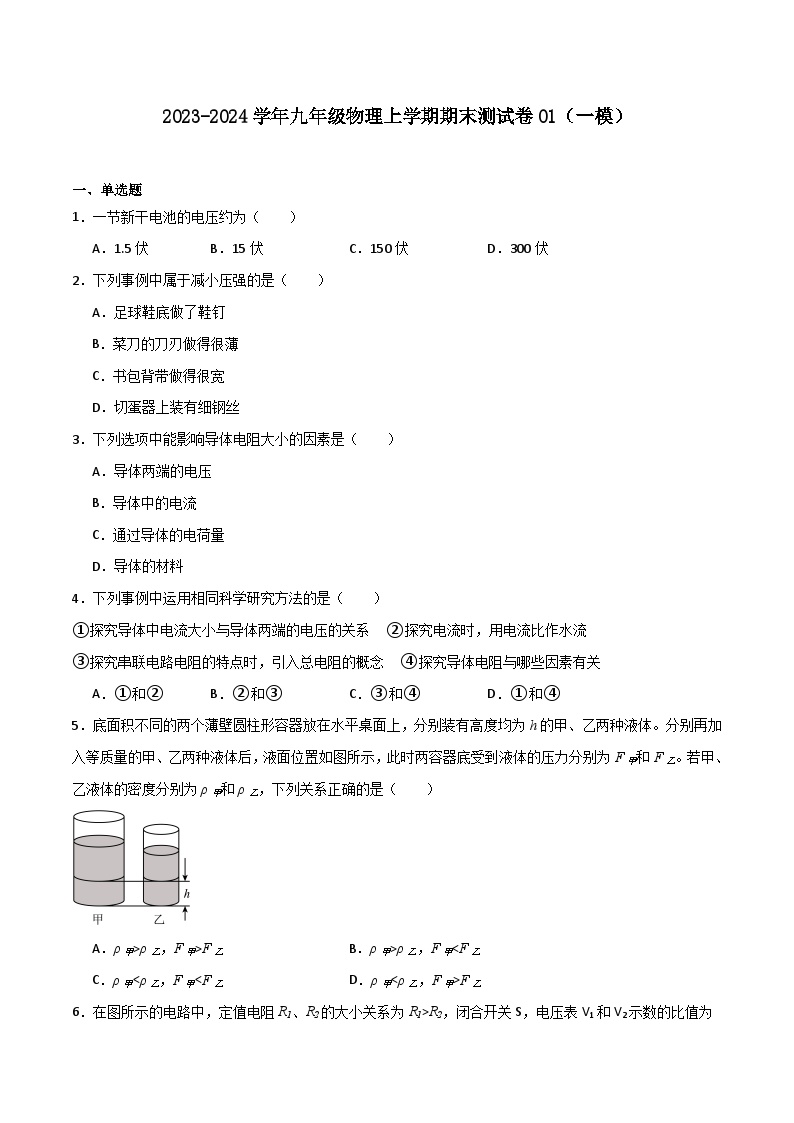 期末测试卷01（一模）-九年级物理第一学期期中期末挑战满分训练（上海沪教版）