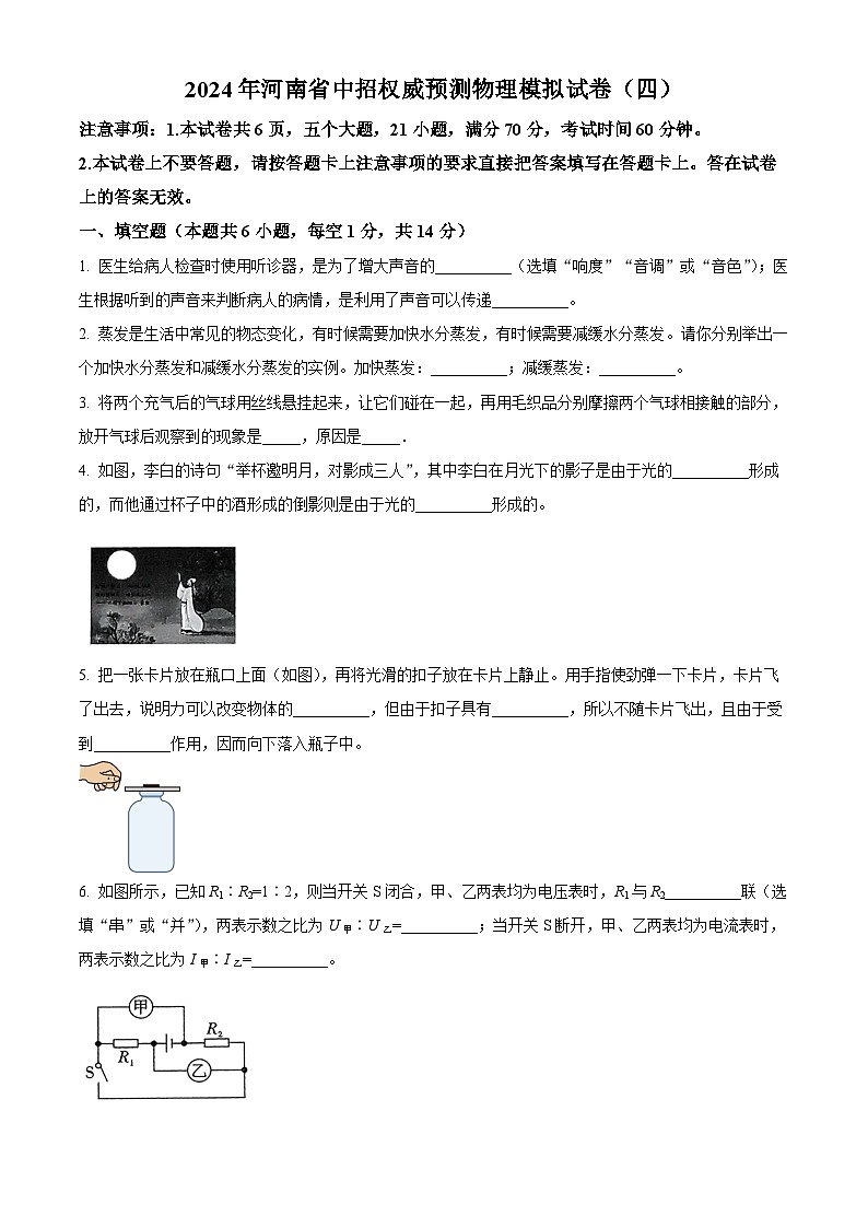 2024年河南省周口市沈丘县多校联考中考一模物理试题(原卷版+解析版)01