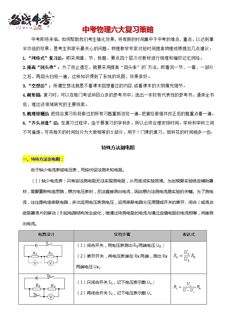 2024年中考物理二轮复习重难点汇编(讲义) 特殊方法测电阻讲义第1页