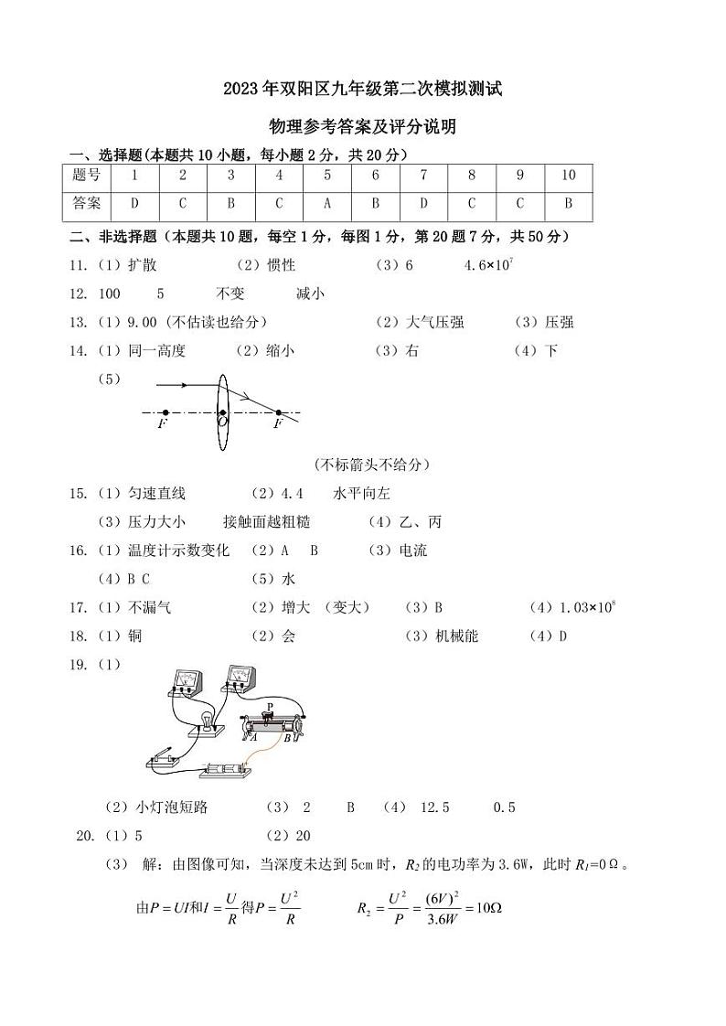 双阳区九年级第二次模拟测试物理答案第1页