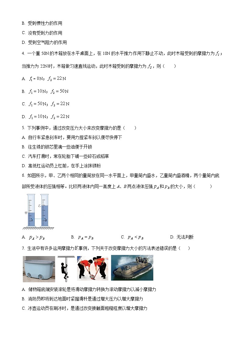 广东省珠海市第九中学2023-2024学年八年级下学期3月月考物理试题(原卷版)第2页