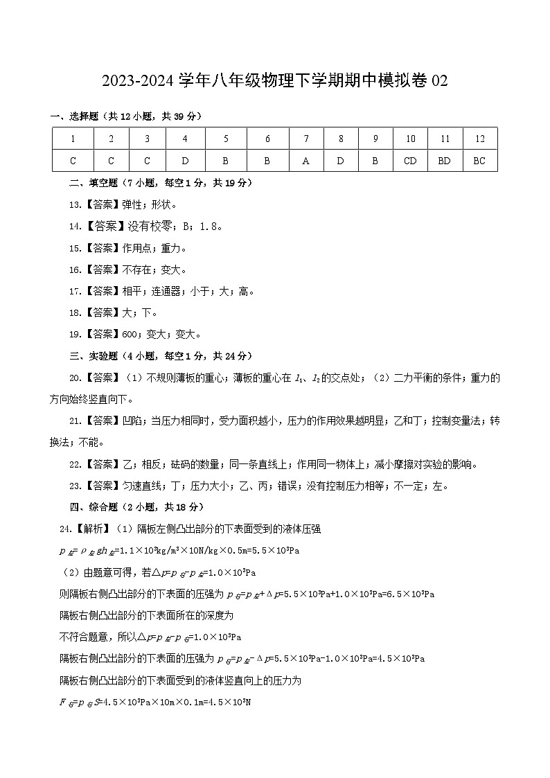 2023-2024学年初中下学期期中考试 八年级物理期中模拟卷02(人教版,第7_9章)01