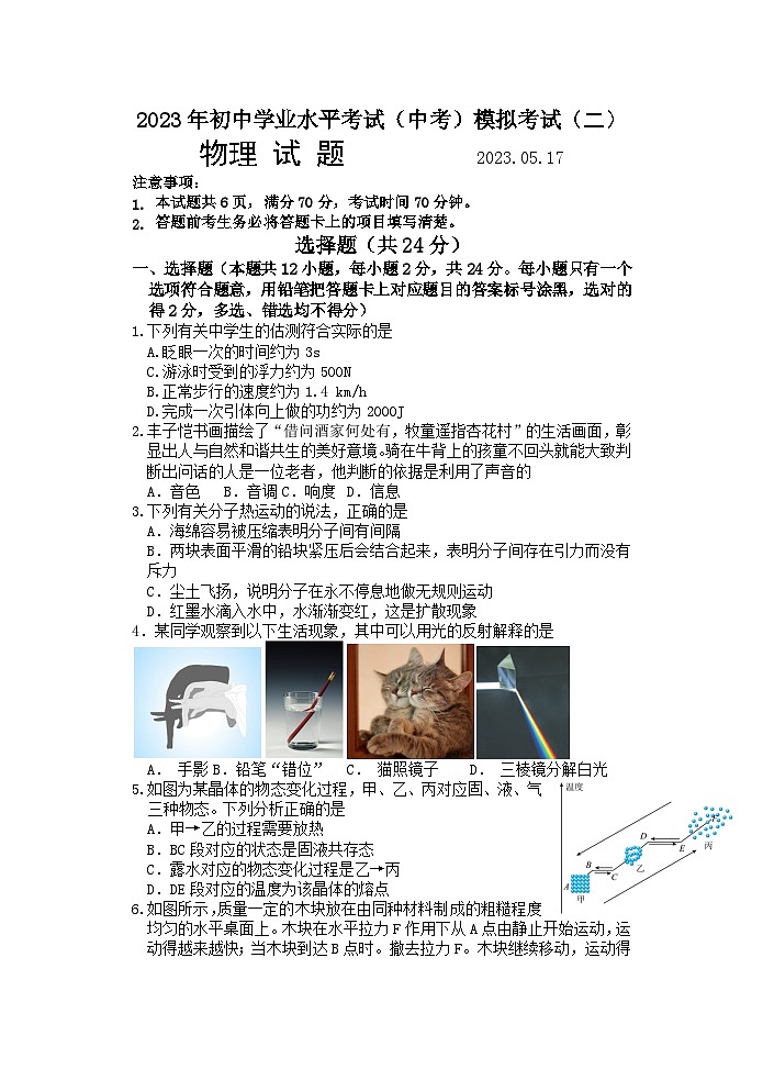 山東省菏澤市成武縣育青中學2022-2023學年九年級中考二模物理試題第1頁
