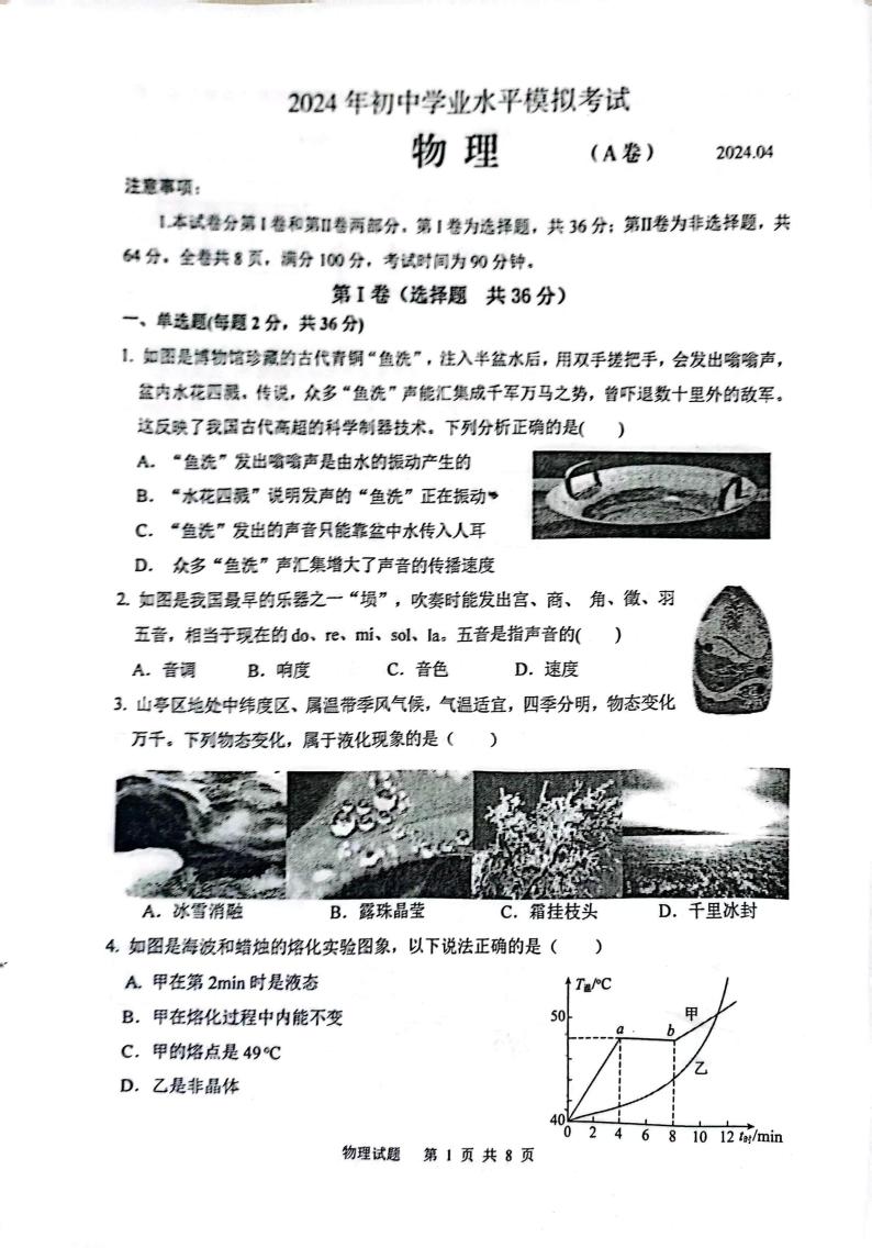 2024年山东省枣庄市山亭区中考一模物理试题01