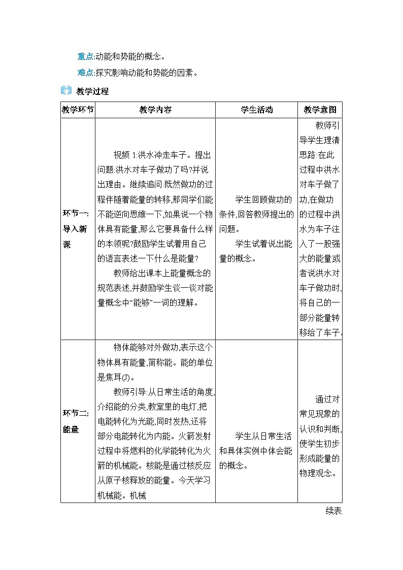 第11章功和机械能第3节动能和势能精品教案(人教版八下物理)第2页