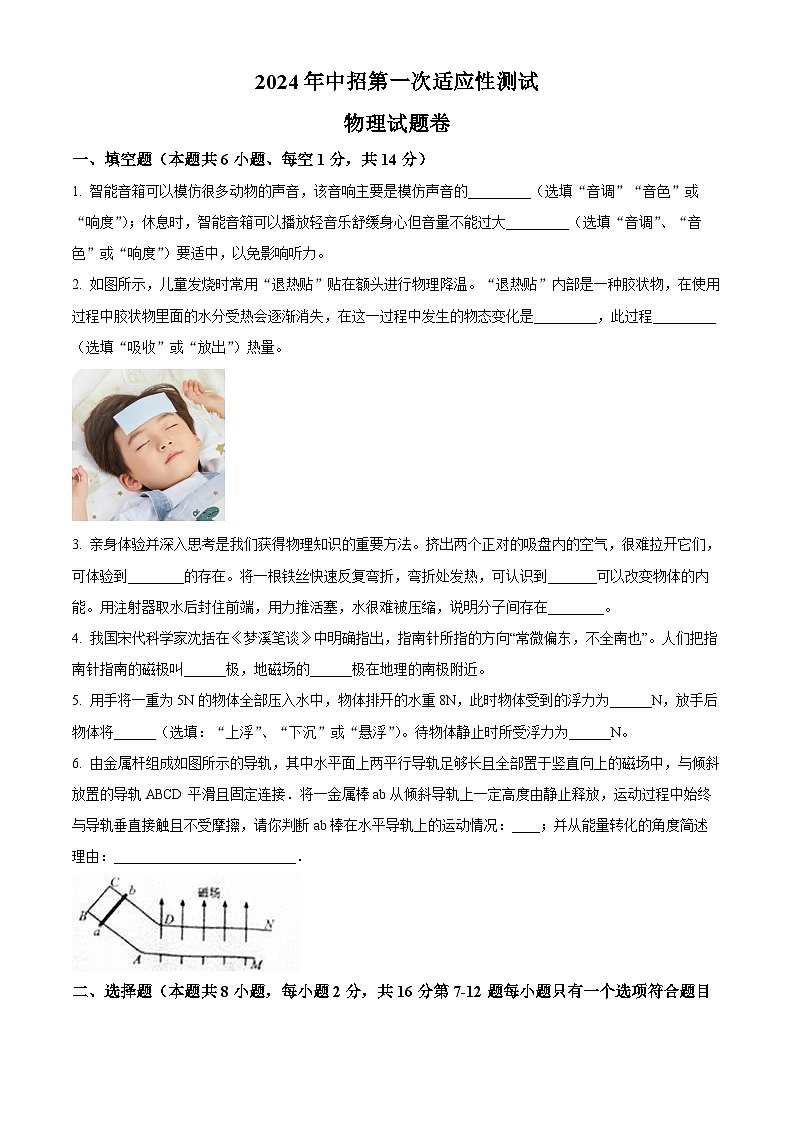 2024年河南省南阳市桐柏县中考一模物理试题(原卷版+解析版)01